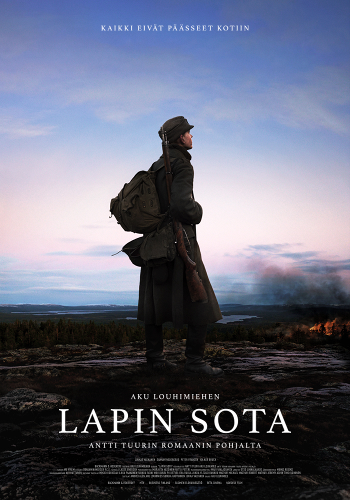 Lapin sota elokuvateattereissa 23.10.2026, ohjaus Aku Louhimies, pääosissa Peter Franzén, Sannah Nedergård ja Volker Bruch. Backman & Hodeforff.